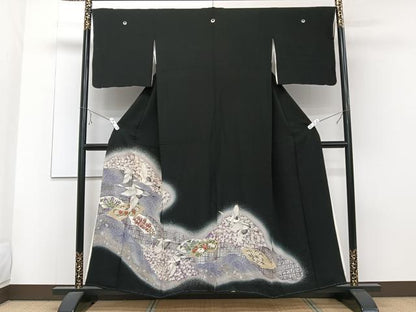 平和屋着物■豪華黒留袖　色紙飛鶴花文　暈し染め　金銀彩　正絹　逸品　CABE9798xi