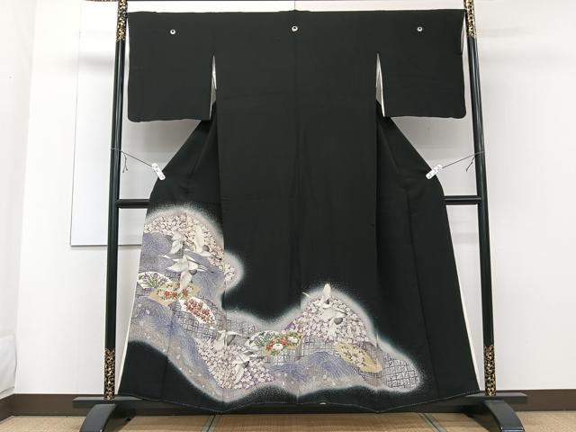 平和屋着物■豪華黒留袖　色紙飛鶴花文　暈し染め　金銀彩　正絹　逸品　CABE9798xi