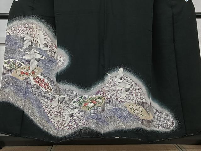平和屋着物■豪華黒留袖　色紙飛鶴花文　暈し染め　金銀彩　正絹　逸品　CABE9798xi