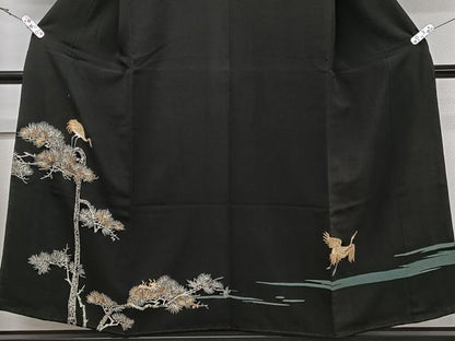 平和屋着物■豪華黒留袖 刺繍 枝松鶴文 金糸 正絹 逸品 CABE9801xi