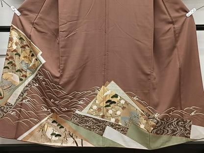 平和屋着物■豪華色留袖　駒刺繍　立波飛鶴松梅文　金彩　正絹　逸品　CABE9847xi