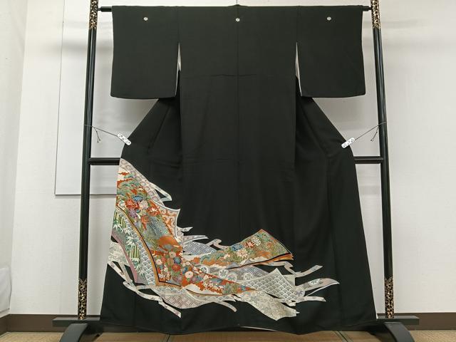 平和屋着物■豪華黒留袖　刺繍　孔雀花文　松竹梅　金彩　正絹　逸品　CABE9864xi