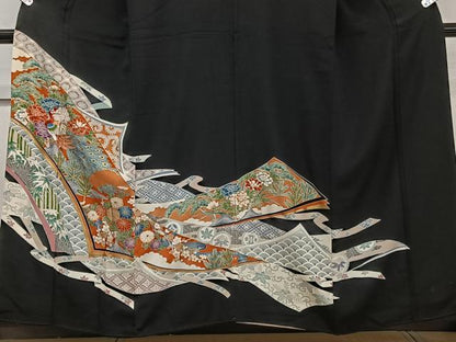 平和屋着物■豪華黒留袖　刺繍　孔雀花文　松竹梅　金彩　正絹　逸品　CABE9864xi