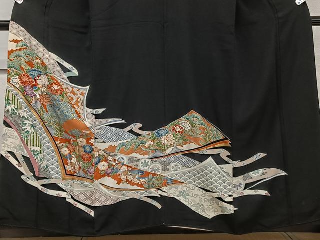 平和屋着物■豪華黒留袖　刺繍　孔雀花文　松竹梅　金彩　正絹　逸品　CABE9864xi