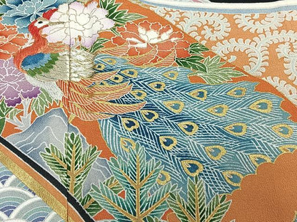 平和屋着物■豪華黒留袖　刺繍　孔雀花文　松竹梅　金彩　正絹　逸品　CABE9864xi