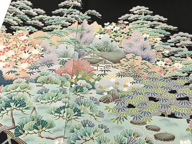平和屋着物■豪華黒留袖　友禅　作家物　籬風景枝松文　正絹　逸品　CABE9867xi