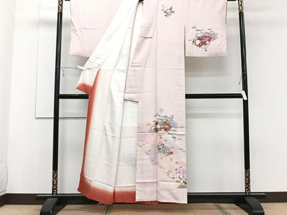 平和屋着物■訪問着　扇花文　松竹梅　暈し染め　金彩　カラー胴裏:桜色　正絹　逸品　CABE9940xi