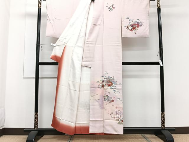 平和屋着物■訪問着　扇花文　松竹梅　暈し染め　金彩　カラー胴裏:桜色　正絹　逸品　CABE9940xi