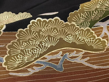 平和屋着物■黒留袖 刺繍 流水尾長鳥枝松文 金彩 洗える着物 CABE9972xi