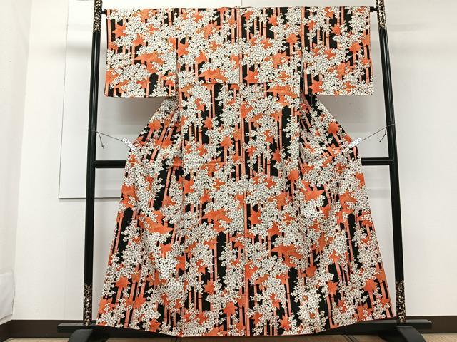 平和屋着物■小紋 竹枝梅楓文 黒地 洗える着物 CABE9973xi