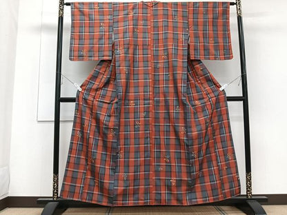 平和屋着物■上質な紬 格子蝶々文 正絹 逸品 未使用 CABE9981xi