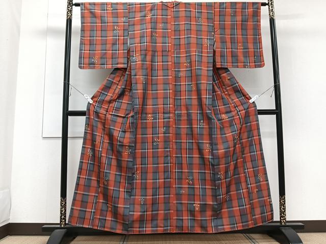 平和屋着物■上質な紬 格子蝶々文 正絹 逸品 未使用 CABE9981xi
