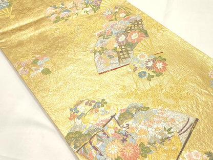 平和屋着物◎六通柄袋帯　唐織　扇面花文　金銀糸　正絹　逸品　CABF0015vf