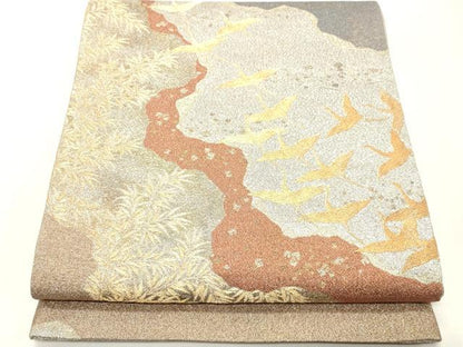 平和屋着物◎六通柄袋帯　道長飛鶴文　金銀糸　正絹　逸品　CABF0016vf