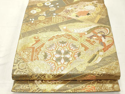 平和屋着物◎六通柄袋帯　唐織　鳳凰花文　金糸　正絹　逸品　CABF0018vf