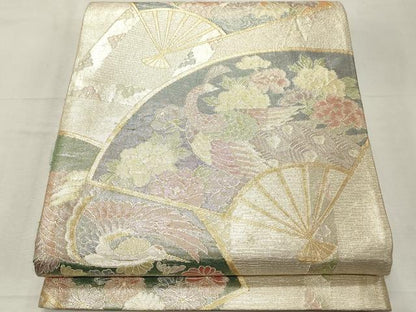 平和屋着物◎佐賀錦　六通柄袋帯　扇面花鳥文　金銀糸　正絹　逸品　CABF0022vf