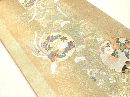 平和屋着物◎六通柄袋帯　唐織　雪輪献上紋　貝碧箔　正絹　逸品　CABF0023vf