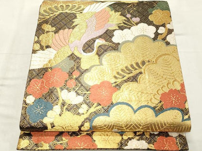 平和屋着物◎佐賀錦　六通柄　唐織　飛鶴梅松文　金糸　袋帯　正絹　逸品　CABF0029vf