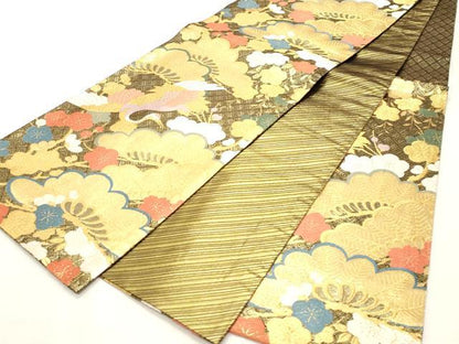 平和屋着物◎佐賀錦　六通柄　唐織　飛鶴梅松文　金糸　袋帯　正絹　逸品　CABF0029vf