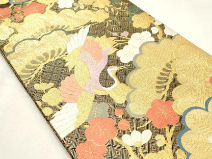 平和屋着物◎佐賀錦　六通柄　唐織　飛鶴梅松文　金糸　袋帯　正絹　逸品　CABF0029vf