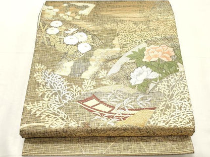 平和屋着物◎六通柄袋帯　地紙花文　金糸　正絹　逸品　CABF0030vf