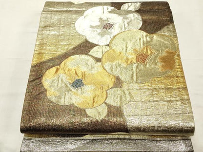 平和屋着物◎六通柄袋帯　椿　金銀糸　正絹　逸品　CABF0037vf