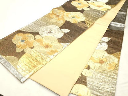 平和屋着物◎六通柄袋帯　椿　金銀糸　正絹　逸品　CABF0037vf