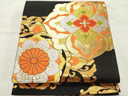 平和屋着物◎六通柄袋帯　正倉院花文　黒地　金糸　正絹　逸品　CABF0073vf
