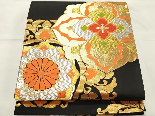 平和屋着物◎六通柄袋帯　正倉院花文　黒地　金糸　正絹　逸品　CABF0073vf