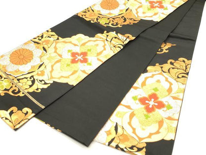 平和屋着物◎六通柄袋帯　正倉院花文　黒地　金糸　正絹　逸品　CABF0073vf
