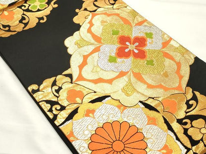 平和屋着物◎六通柄袋帯　正倉院花文　黒地　金糸　正絹　逸品　CABF0073vf