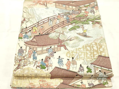 平和屋着物◎六通柄袋帯　人物風景文　金糸　正絹　逸品　CABF0080vf