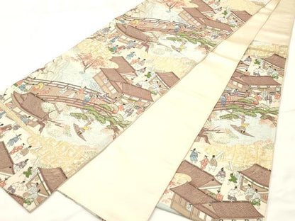 平和屋着物◎六通柄袋帯　人物風景文　金糸　正絹　逸品　CABF0080vf