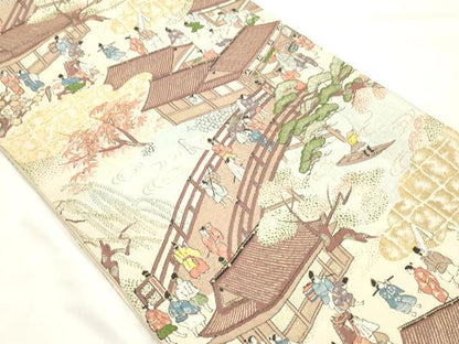 平和屋着物◎六通柄袋帯　人物風景文　金糸　正絹　逸品　CABF0080vf