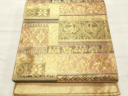 平和屋着物◎佐賀錦　六通柄袋帯　花鳥文　金糸　正絹　逸品　CABF0082vf