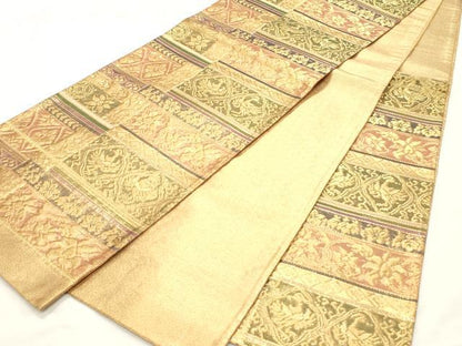 平和屋着物◎佐賀錦　六通柄袋帯　花鳥文　金糸　正絹　逸品　CABF0082vf