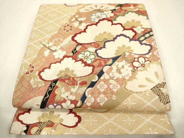 平和屋着物◎六通柄袋帯 唐織 飛鶴松花文 金糸 正絹 逸品 CABF0108ak