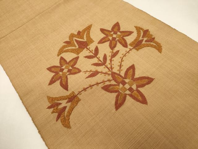 平和屋着物◎八寸名古屋帯 紬地 総刺繍 草花文 正絹 逸品 CABF0112ak