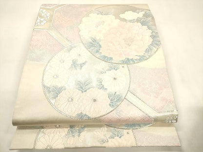 平和屋着物◎六通柄袋帯　唐織　蜀江草花丸文　銀糸　正絹　逸品　CABF0133ak