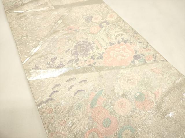 平和屋着物◎六通柄袋帯　唐織　九百錦　御所車花鳥文　銀糸　正絹　逸品　CABF0139ak