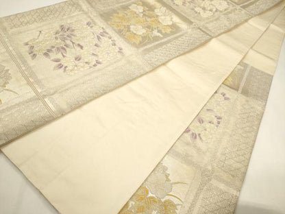 平和屋着物◎六通柄袋帯　唐織　市松草花文　銀糸　正絹　逸品　CABF0143ak