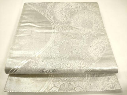 平和屋着物◎六通柄袋帯　道長草花文　銀糸　正絹　逸品　CABF0149ak