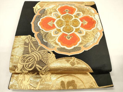 平和屋着物◎六通柄袋帯　唐織　正倉院鼓花文　黒地　金糸　正絹　逸品　CABF0163ak