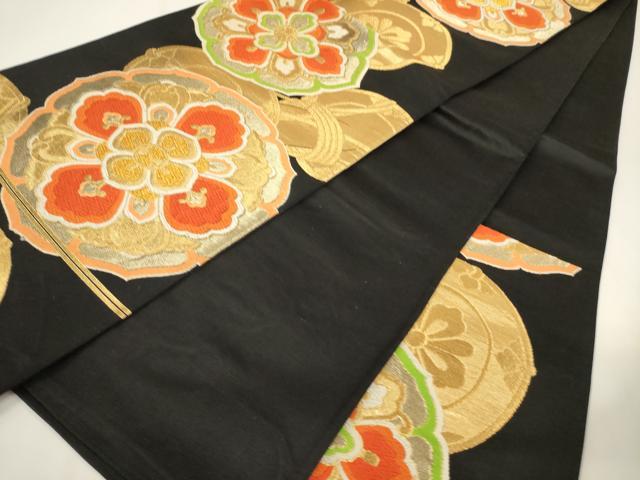 平和屋着物◎六通柄袋帯　唐織　正倉院鼓花文　黒地　金糸　正絹　逸品　CABF0163ak