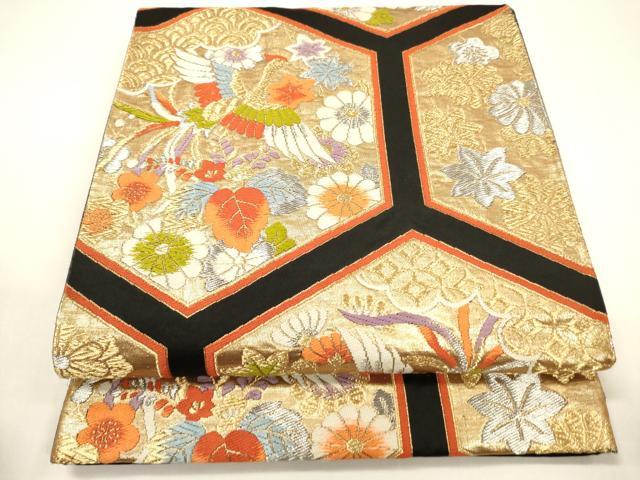 平和屋着物◎六通柄袋帯　唐織　鳳凰亀甲花文　黒地　金銀糸　正絹　逸品　CABF0166ak