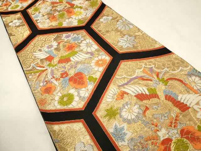 平和屋着物◎六通柄袋帯　唐織　鳳凰亀甲花文　黒地　金銀糸　正絹　逸品　CABF0166ak
