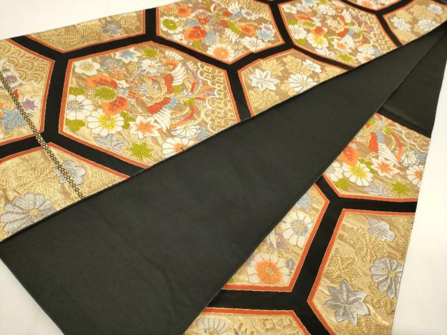 平和屋着物◎六通柄袋帯　唐織　鳳凰亀甲花文　黒地　金銀糸　正絹　逸品　CABF0166ak