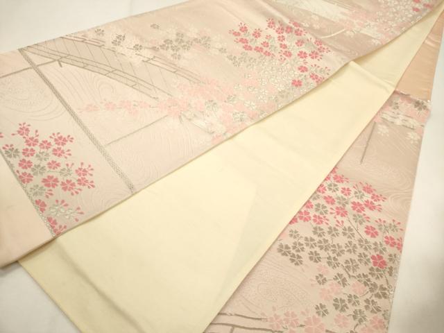 平和屋着物◎西陣　六通柄袋帯　唐織　渡り橋桜文　銀糸　正絹　逸品　未使用　CABF0173ak