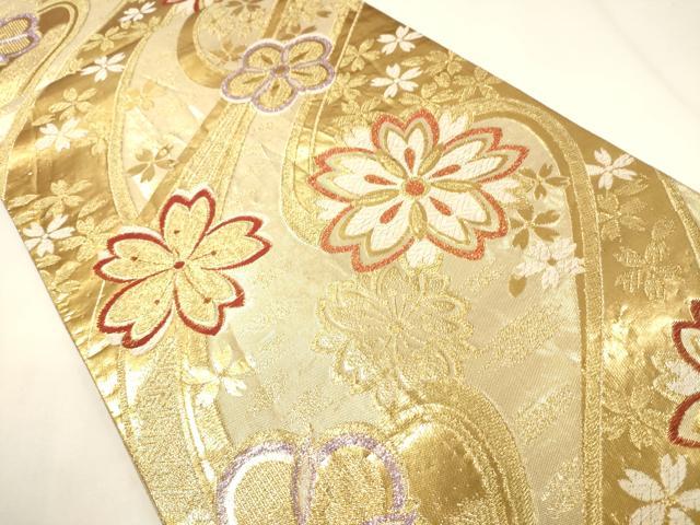 平和屋着物◎佐賀錦　六通柄袋帯　唐織　流水舞桜文　金糸　正絹　逸品　CABF0203ak