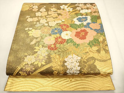 平和屋着物◎六通柄袋帯　唐織　立波花車文　金糸　正絹　逸品　CABF0204ak